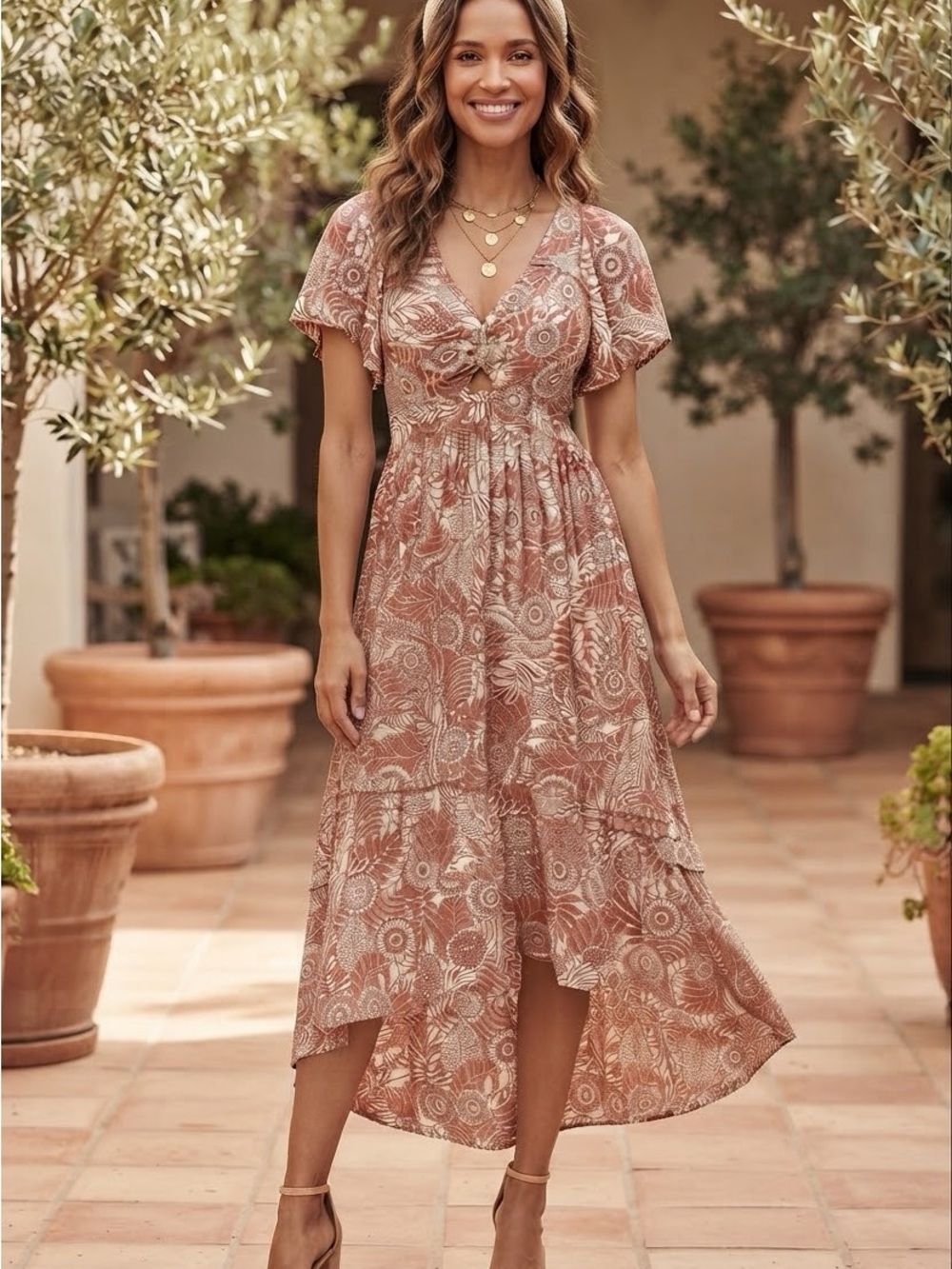 Angie Rust Floral Twist-Front High-Low Dress